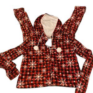POOF Brand Women’s Onesie Fleece Red Black Plaid Snowflakes Size Small Pajamas